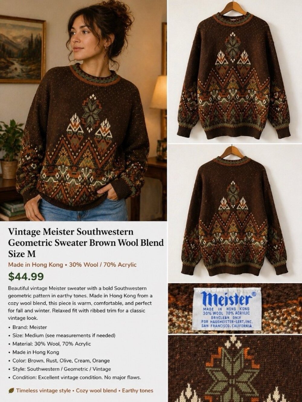 Vintage Meister Sweater M Southwestern Geometric Wool Blend Brown 90s🤍